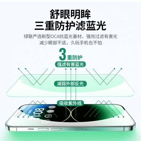 绿联适用iphone14绿光钢化膜